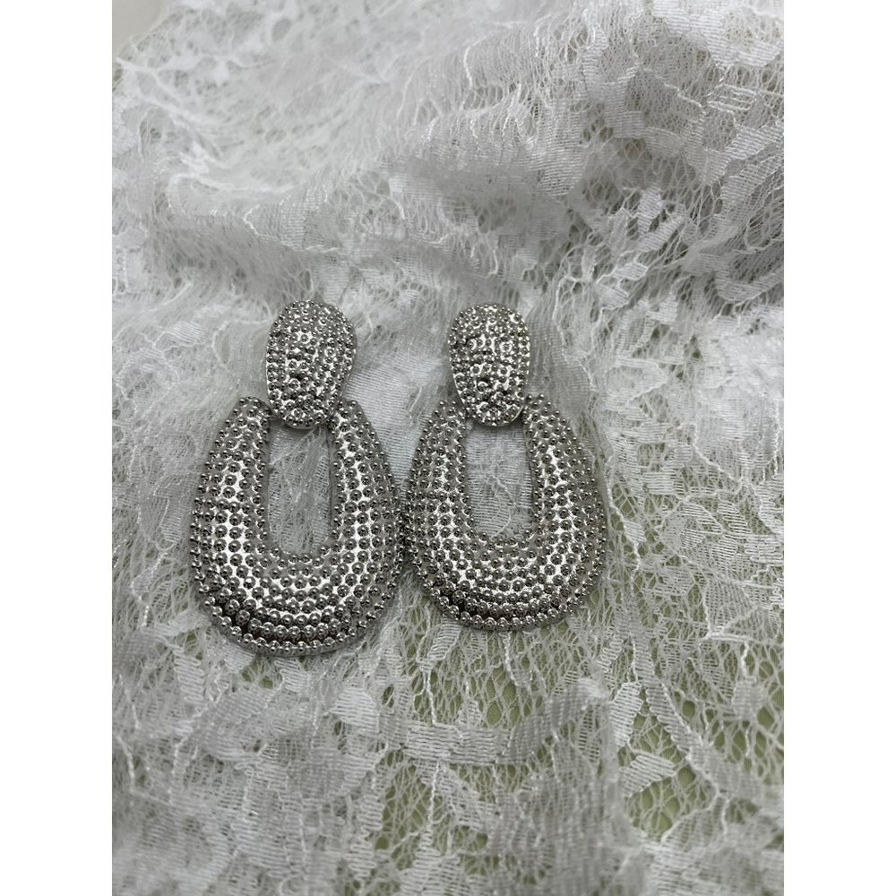 Silver Tone Embossed Dot Oval Earrings